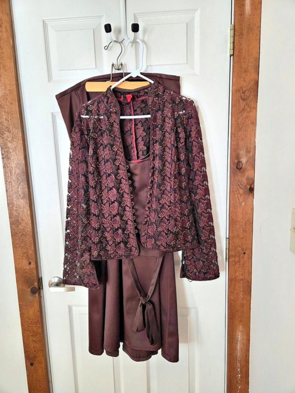 Lacey Jacket Skirt Set,Brown, Like New